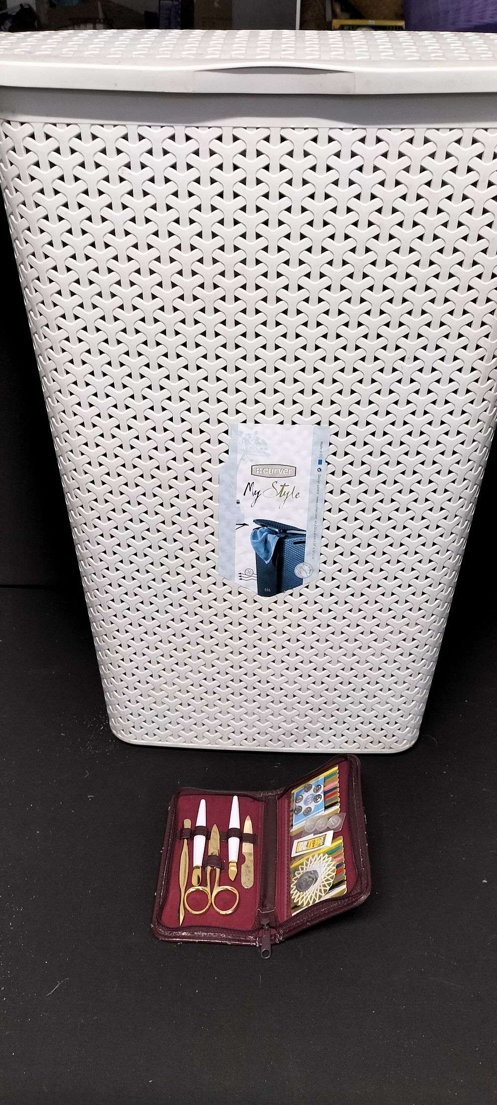 Lot 223: Curver My Style clothes hamper 55L & sewing repair kit