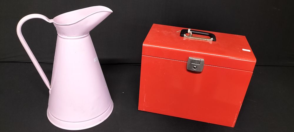 Lot 244: Metal lockable filing box with key and Large Pink Enamel Pitcher