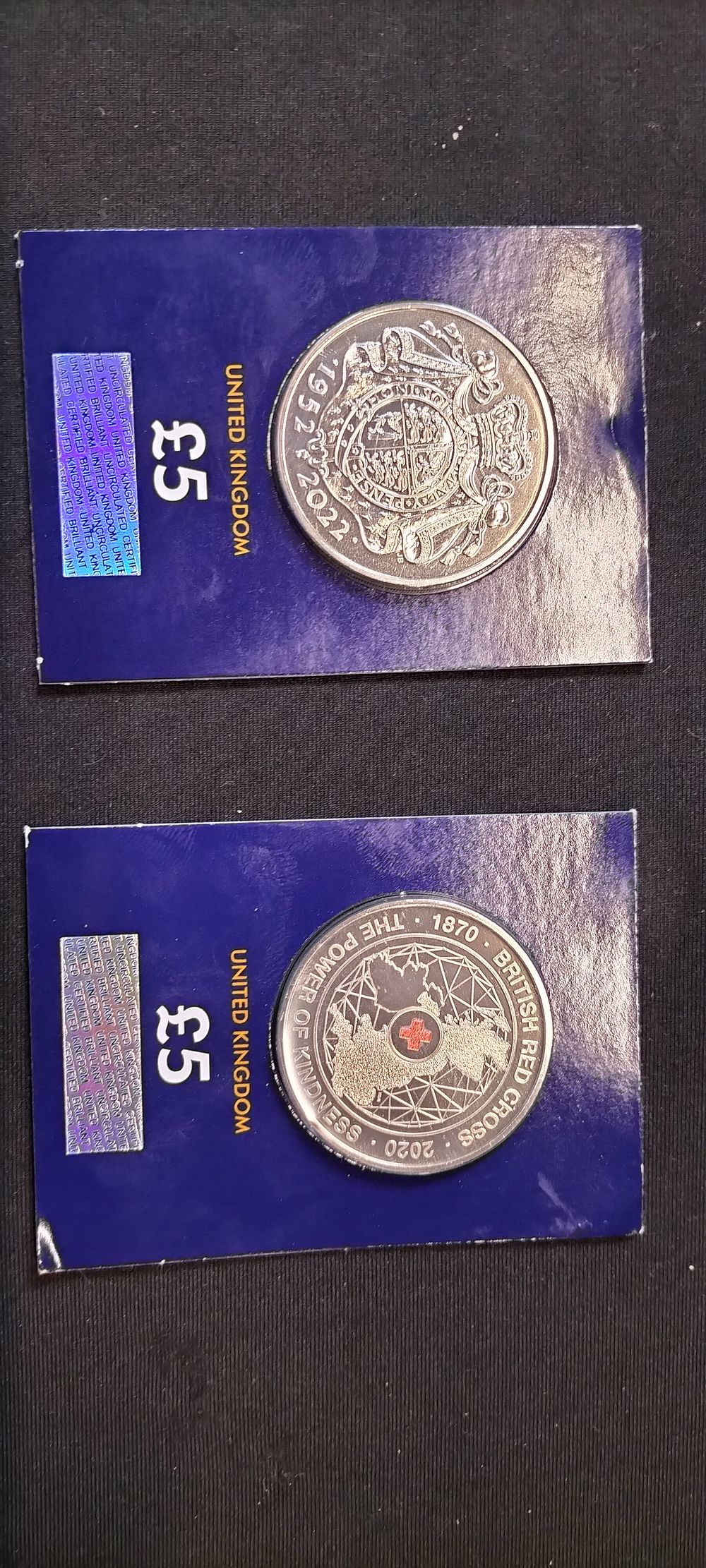 Lot 247: 2 Commemorative £5 Coins 150 Years British Red Cross 2020 & 70th Anniversary Accession of QEII 2022
