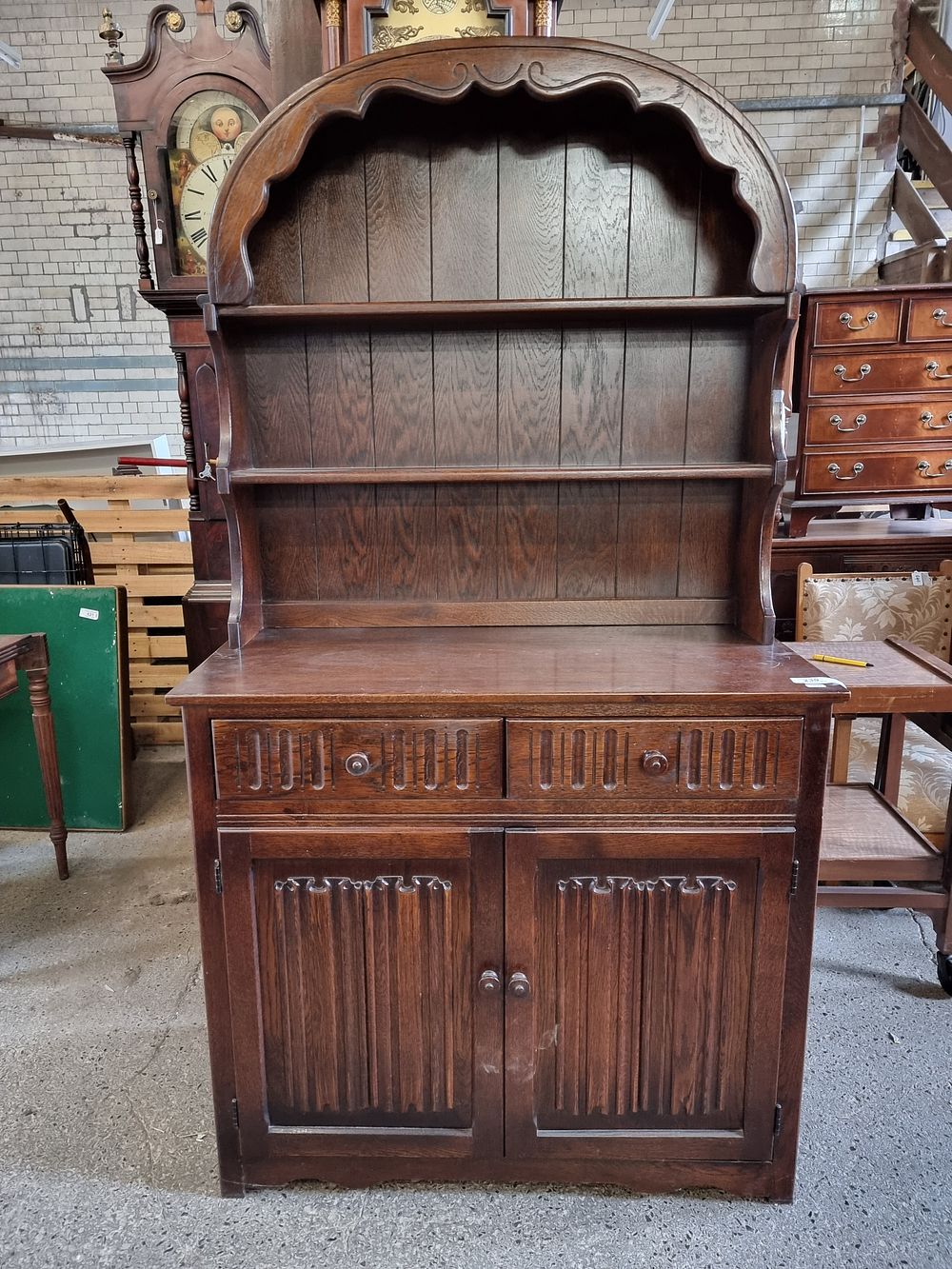 Lot 239: Small Carved Antique Oak Welsh Dresser  collection only