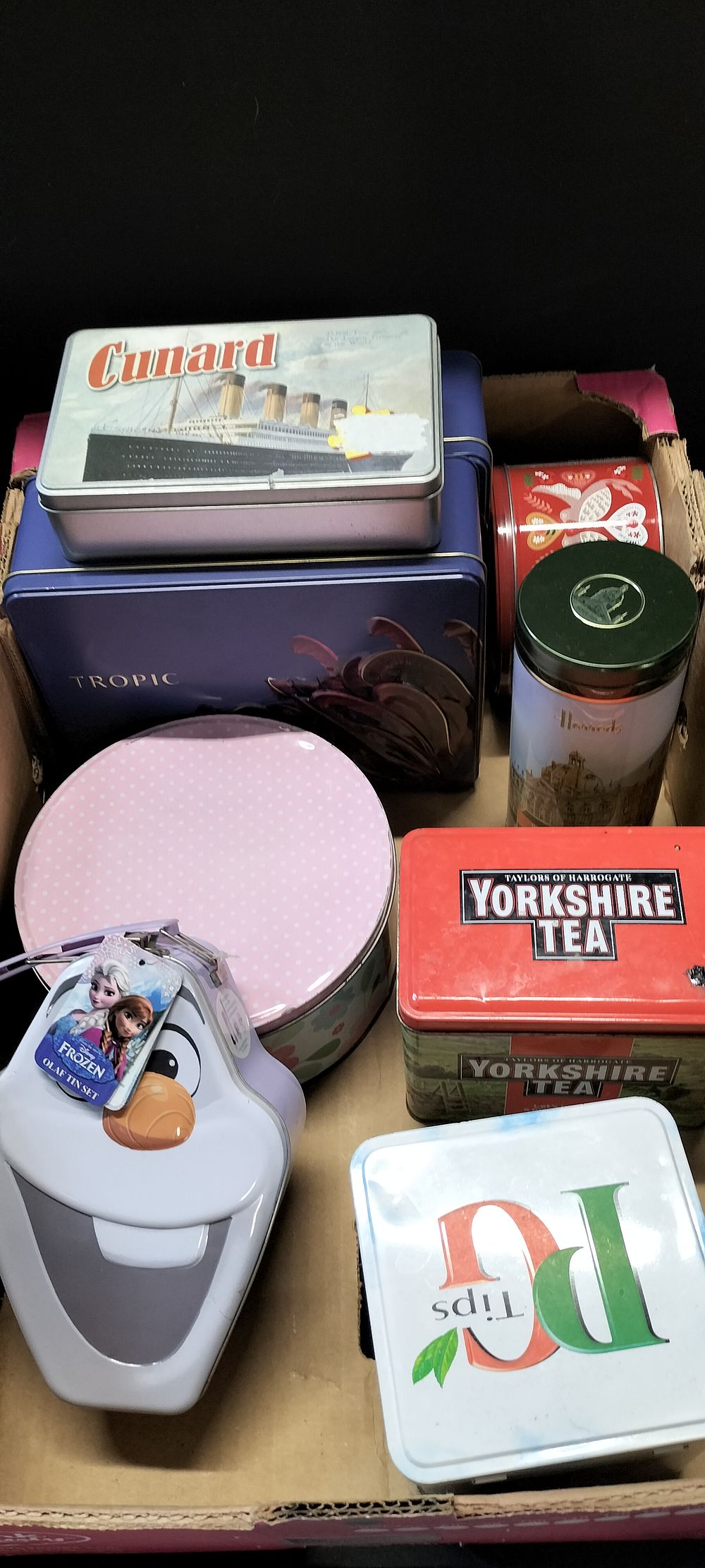 Lot 265: 9 x Metal Tins including Frozen Olaf Tin and Cunard Tin with Stamps in