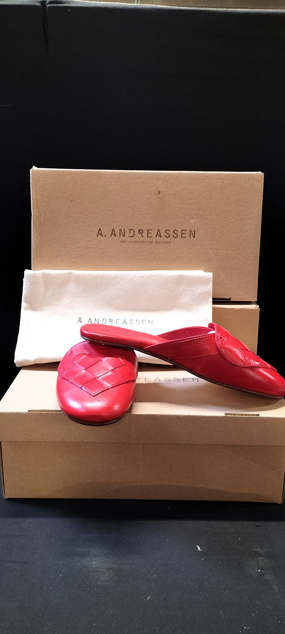 Lot 303: 3 x Pairs of A. Andreassen Elskling Mule Leather Slippers,  Very Red