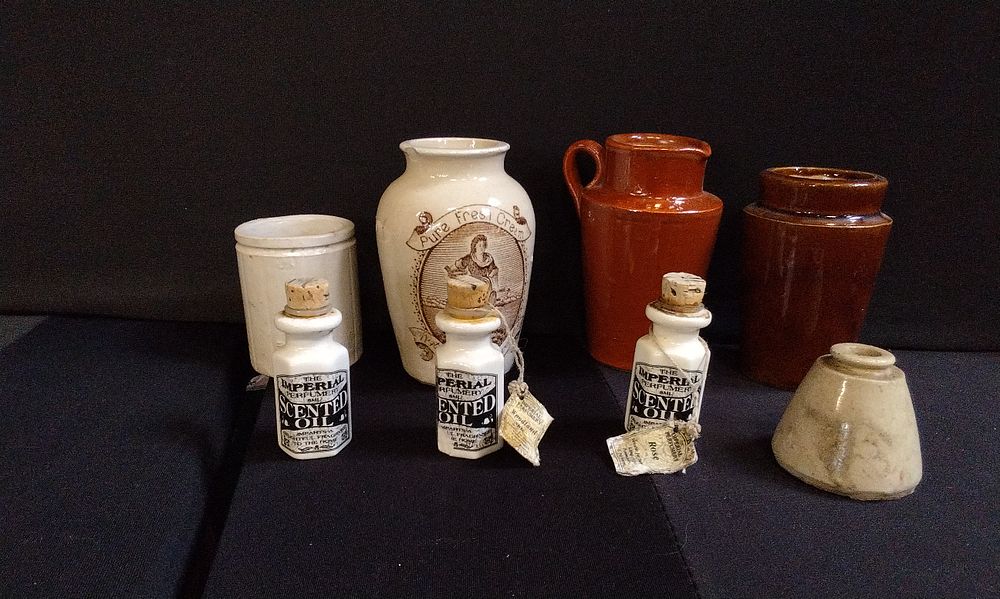 Lot 330: Selection of Earthenware Pots and Miniature Scented Oils