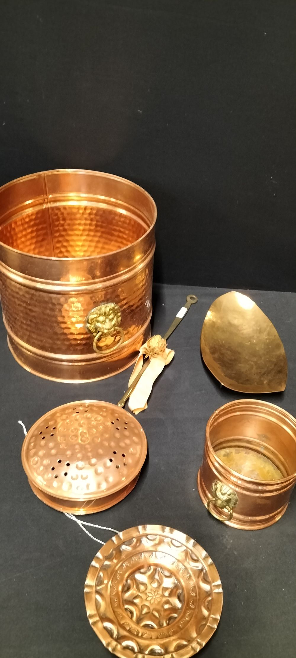 Lot 157: Five Copper Decorative Items Including a Bin and a Bed Warmer