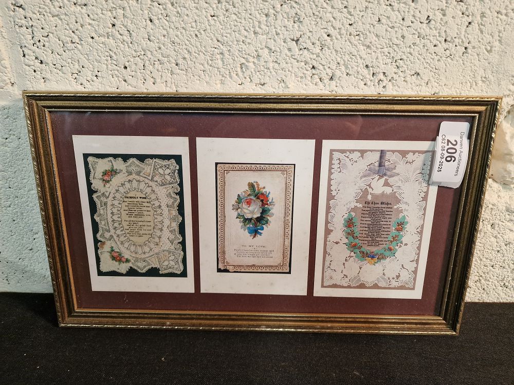Lot 206: Framed Reproduction Victorian Valentines Day Cards
