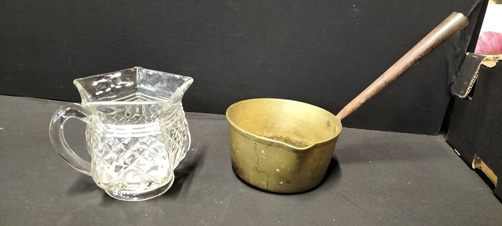 Lot 168: Vintage Brass Saucepan with wrought Iron Handle and a Glass Multi Sided pouring Jug