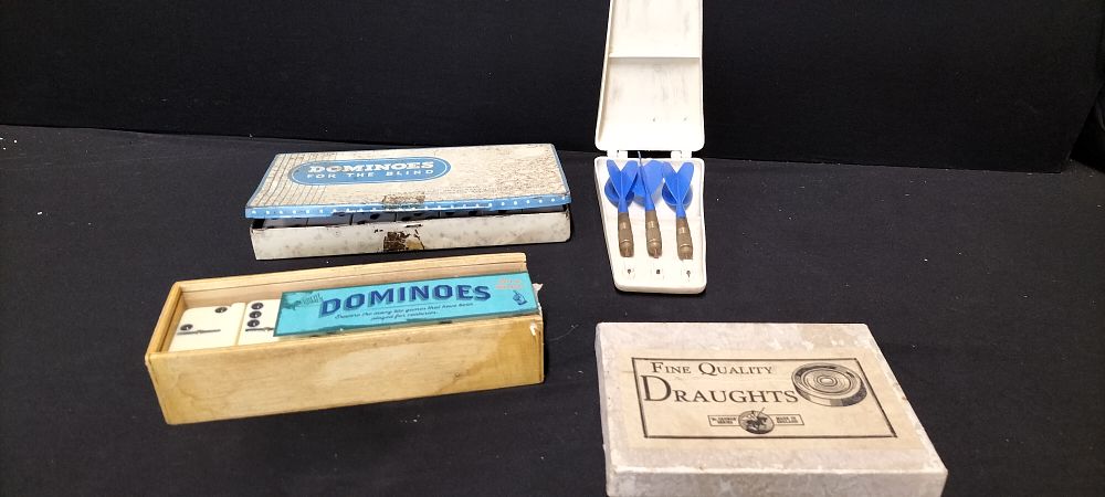 Lot 171: Two Vintage Domino Sets, One suitable for The Blind Plus Vintage Darts and Draughts Pieces