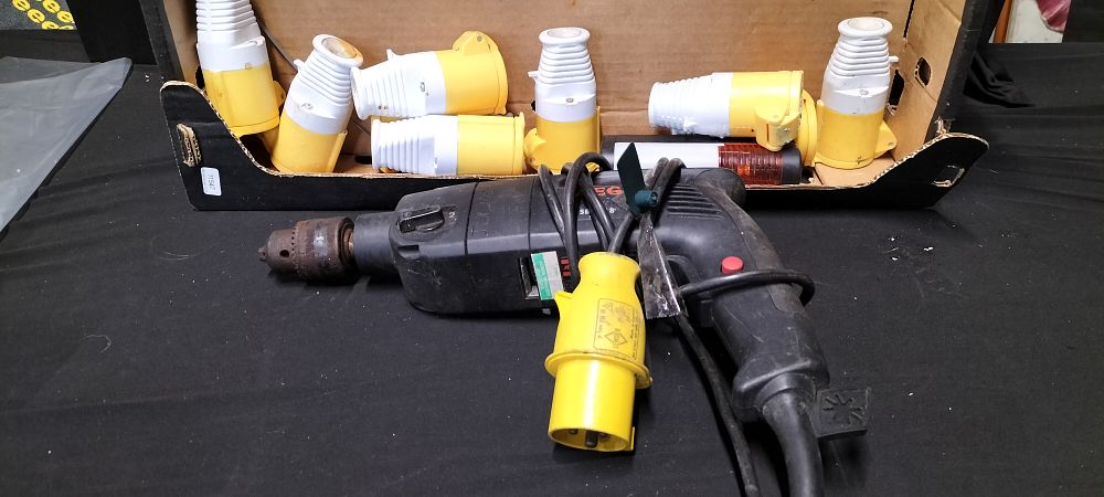 Lot 192: Three Power Tools with Yellow 110v Industrial Site Power sockets and 9 Spare Power Sockets