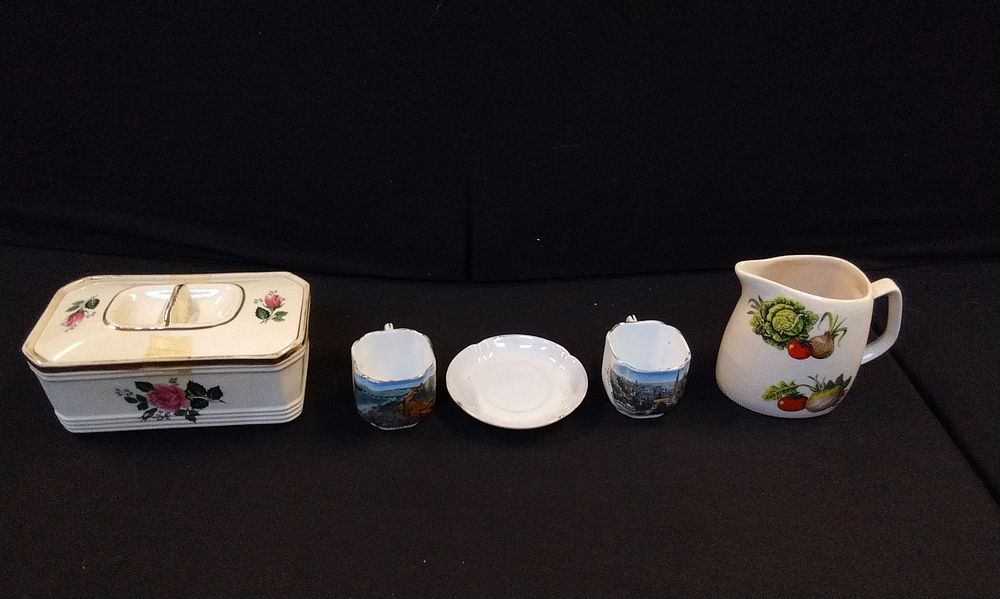 Lot 676: Two German Porcelain Cups and a Saucer, Sadler Rose Design Bitter Dish, and a West Highland Pitcher Gravy Jug