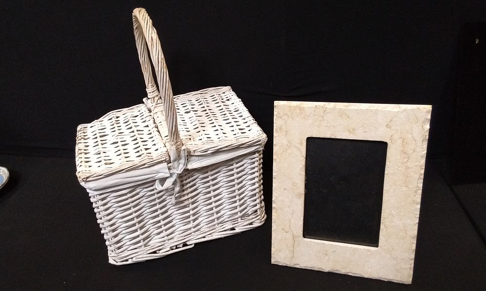 Lot 725: White Wicker Basket and Stone Picture Frame