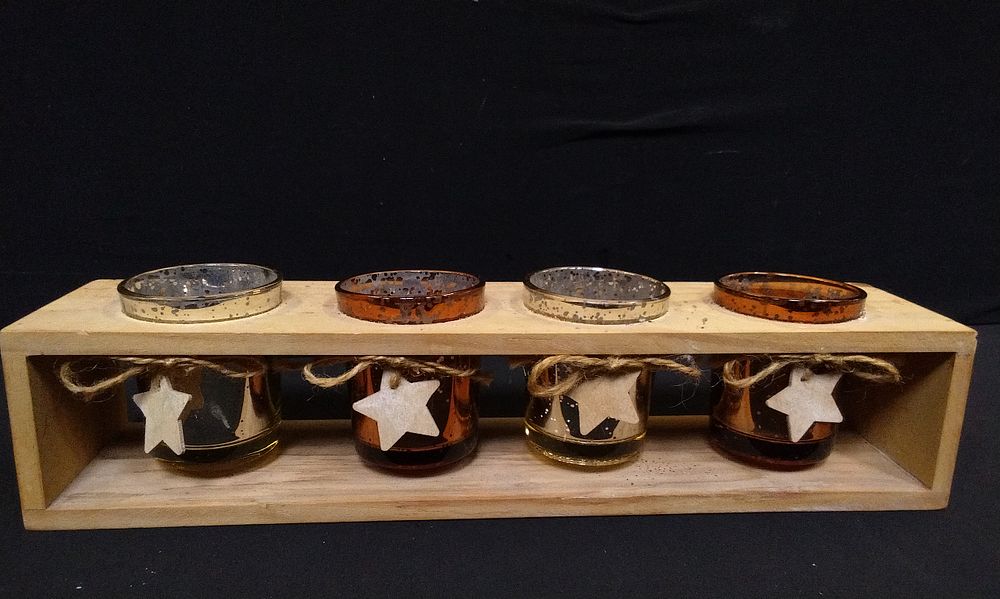Lot 760: Wooden Candle Holder with 4 Glass Jars
