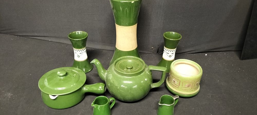 Lot 798: Collection of Green Ceramic Items Including Vases, Teapot and Lidded Saucepan