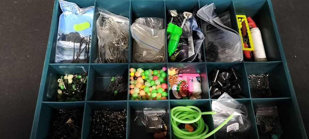 Lot 272: Box of Fishing Accessories Including Hooks and Swivel Snaps