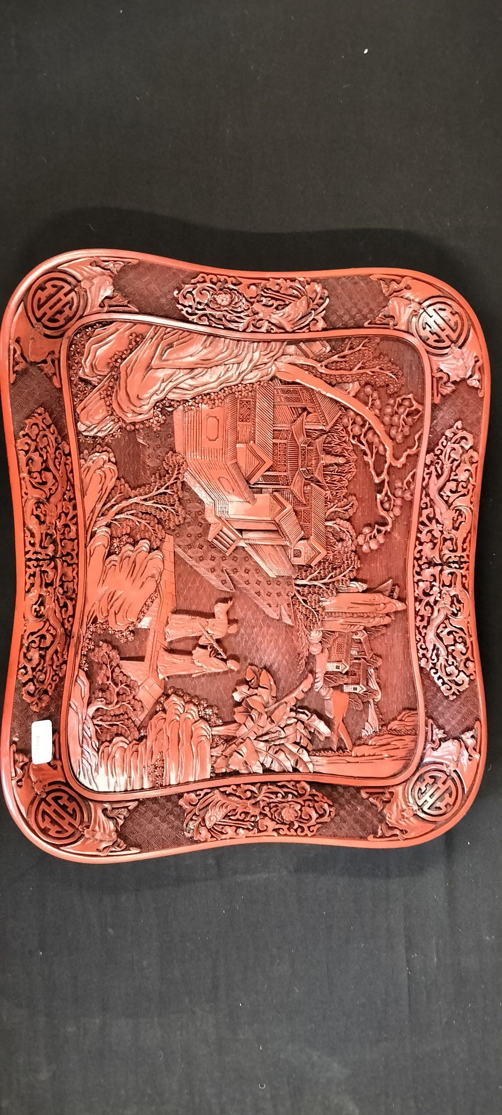 Lot 288: Cinnabar Decorative Large Tray Carved Scalloped Edge Approx 36x30cm