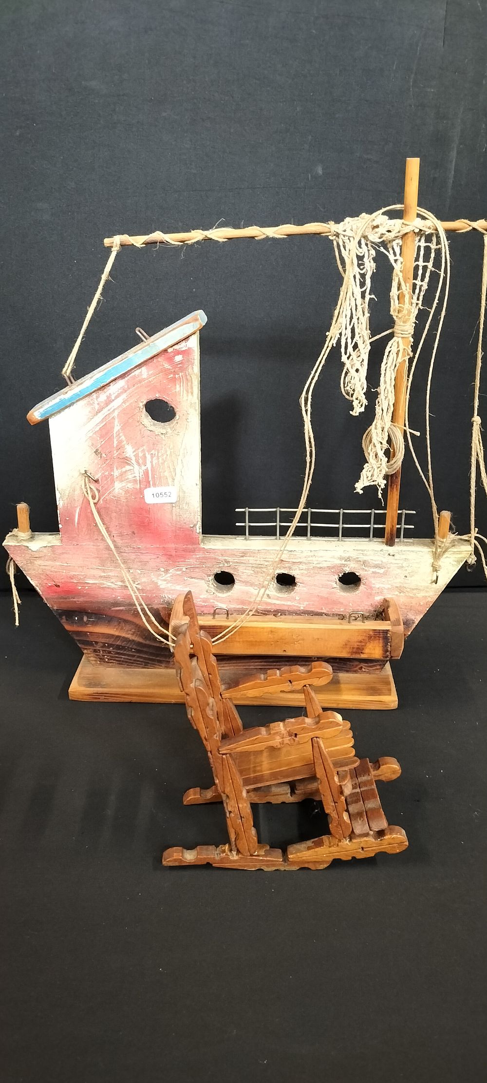 Lot 302: Rustic Hand Made Wooden Boat and a Rocking Chair made of Pegs & Lolly Sticks