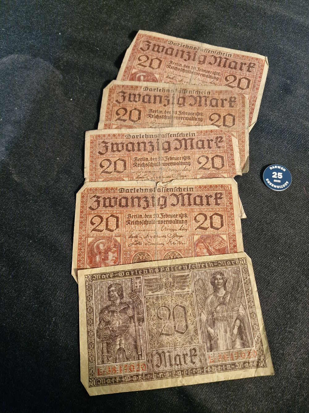 Lot 421: x5 Antique 1918 German 20 Mark Darlehnskassenschein Banknotes.