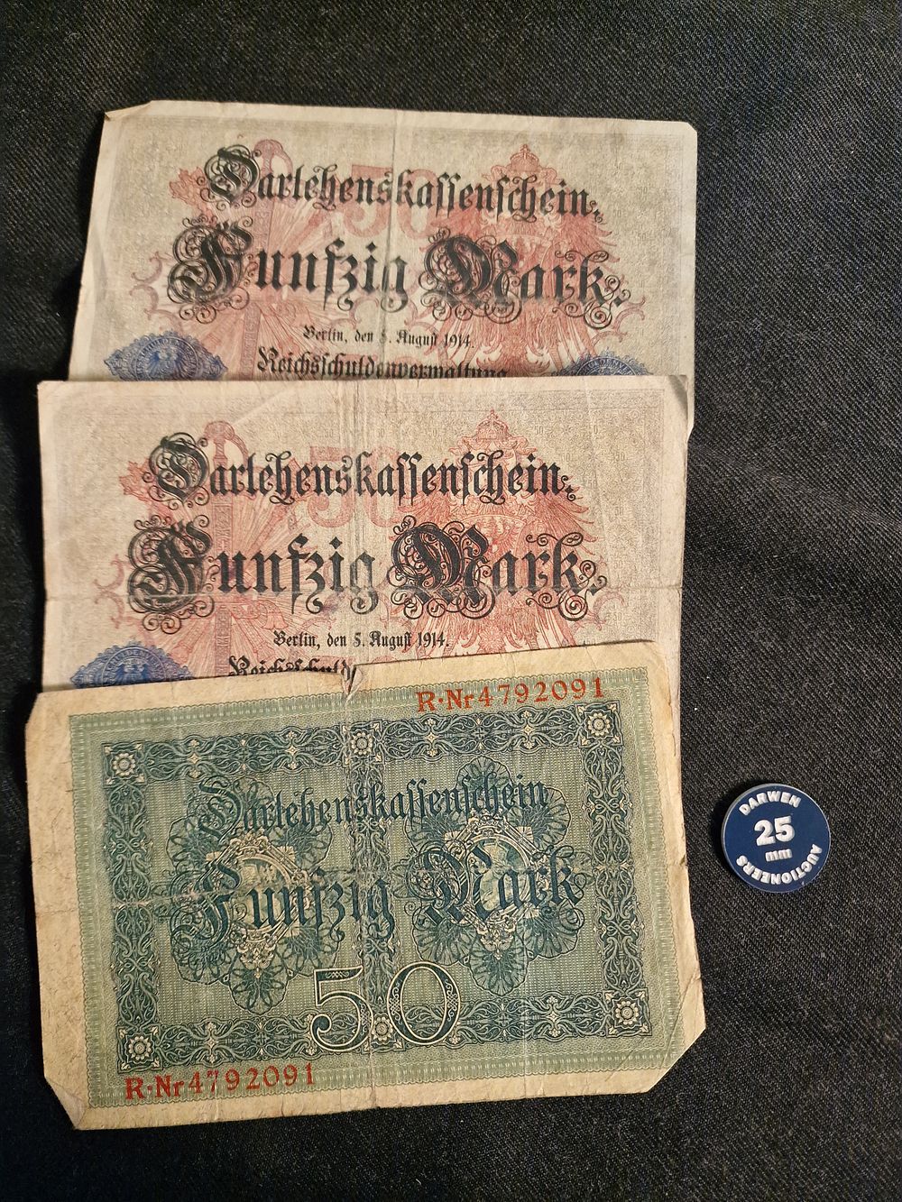 Lot 423: x3 Antique 1914 German 50 Mark Darlehenskassenschei