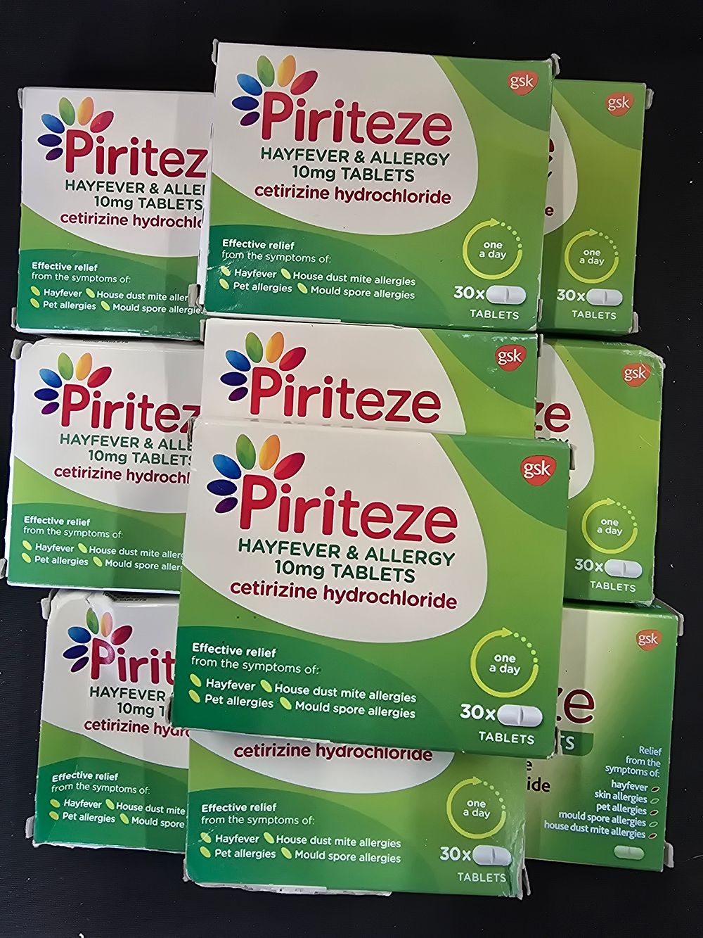 Lot 379: Ten boxes of Piriteze allergy tablets 30 in each box