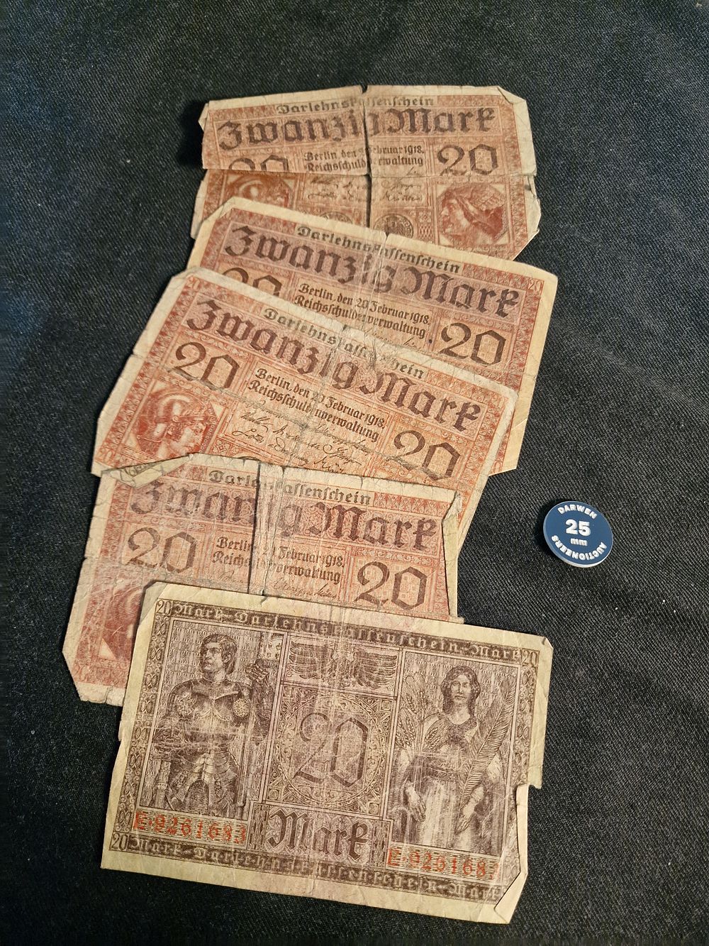 Lot 436: x5 Antique German 1918 20 Mark Darlehnskassenschein Banknotes