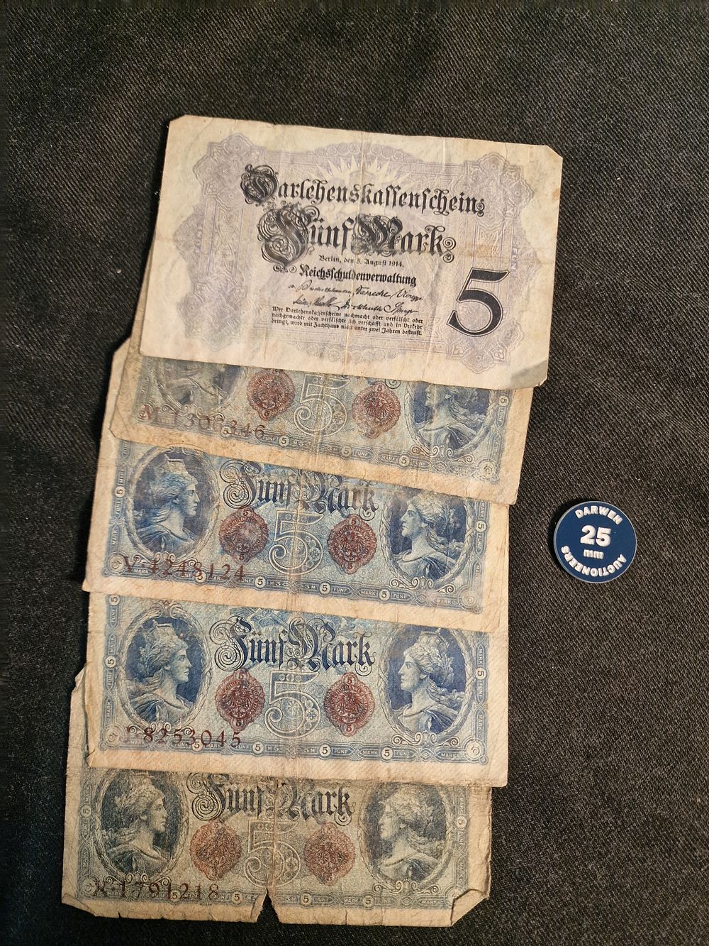 Lot 437: x5 Antique German 1914 5 Mark Darlehnskassenschein Banknotes