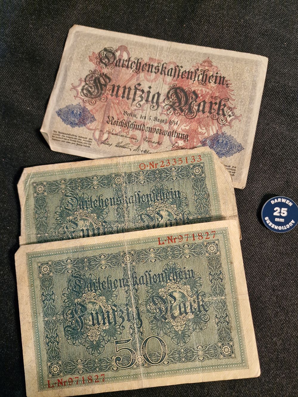 Lot 438: x3 Antique German 1914 50 Mark Darlehnskassenschein Banknotes