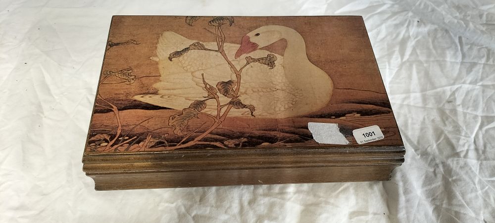 Lot 490: Wooden Jewelry Box Featuring a Chinese Swan Goose on the Lid