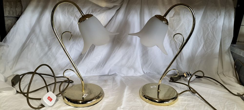 Pair of Art Deco Style Gooseneck Lamps with Frosted Tulip style shadesApprox 38cm. Tested for Power