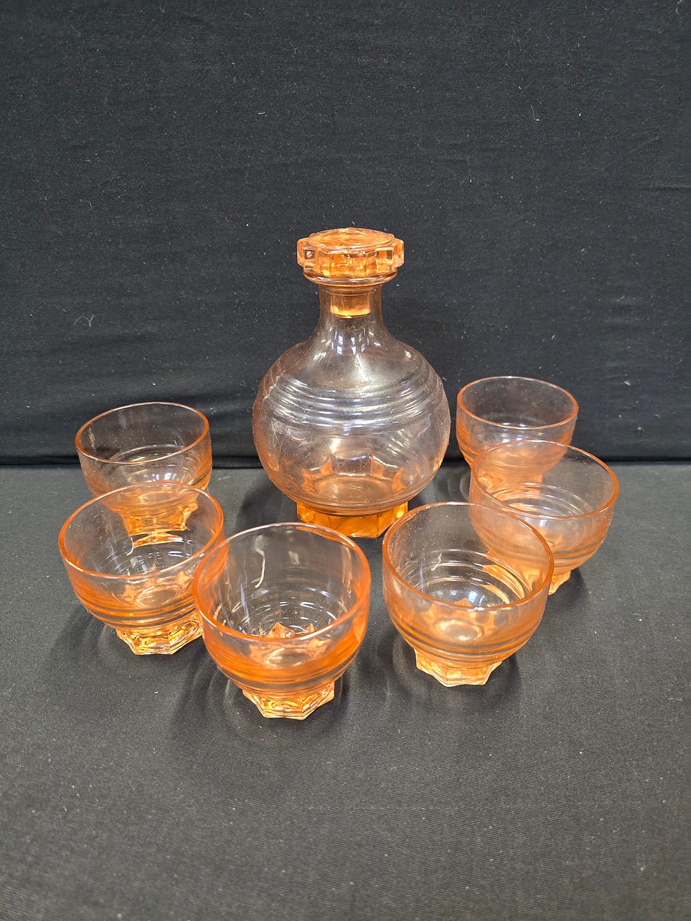 Lot 489: French Art Deco Depression Glass Set  Carafe Decanter Rose Peach And 6 Glasses