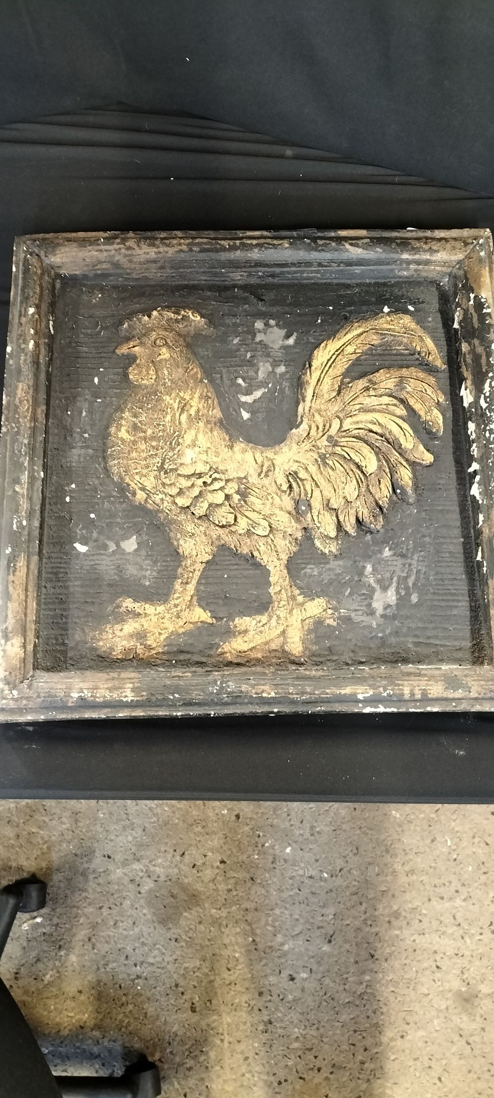 Lot 223: Distressed Framed Rooster Relief Carving Wall Art