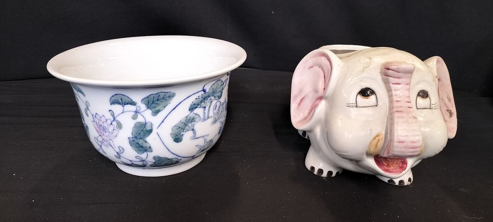 Lot 243: Two Ceramic Planters, one Chinese style, one elephant-shaped