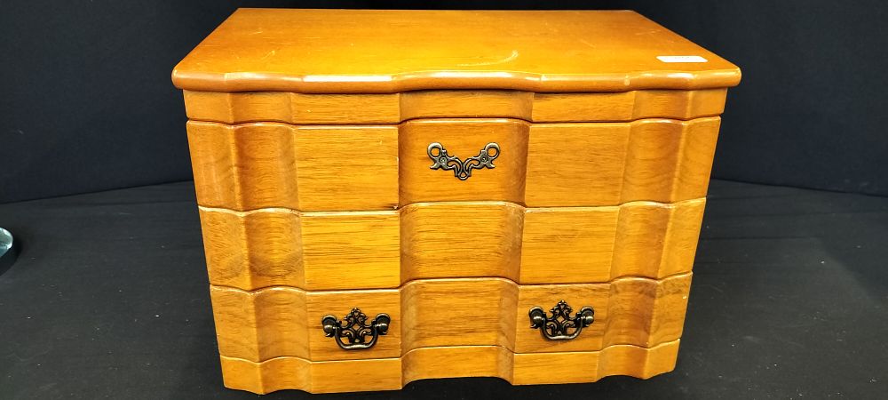 Lot 249: Light Brown Wooden Jewelry Box with Drawers and Mirror