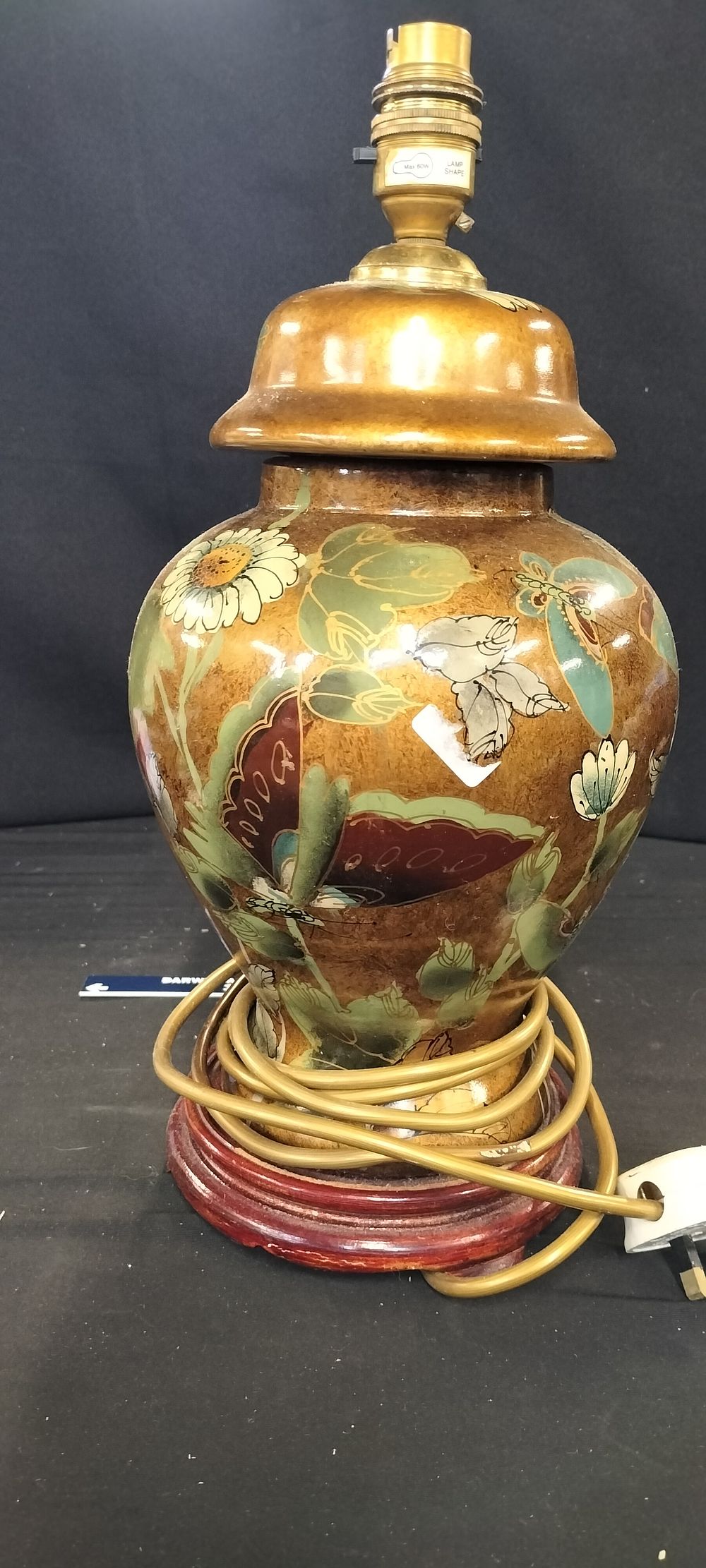 Lot 253: Hand Painted Butterfly and Floral Ginger Jar Table Lamp