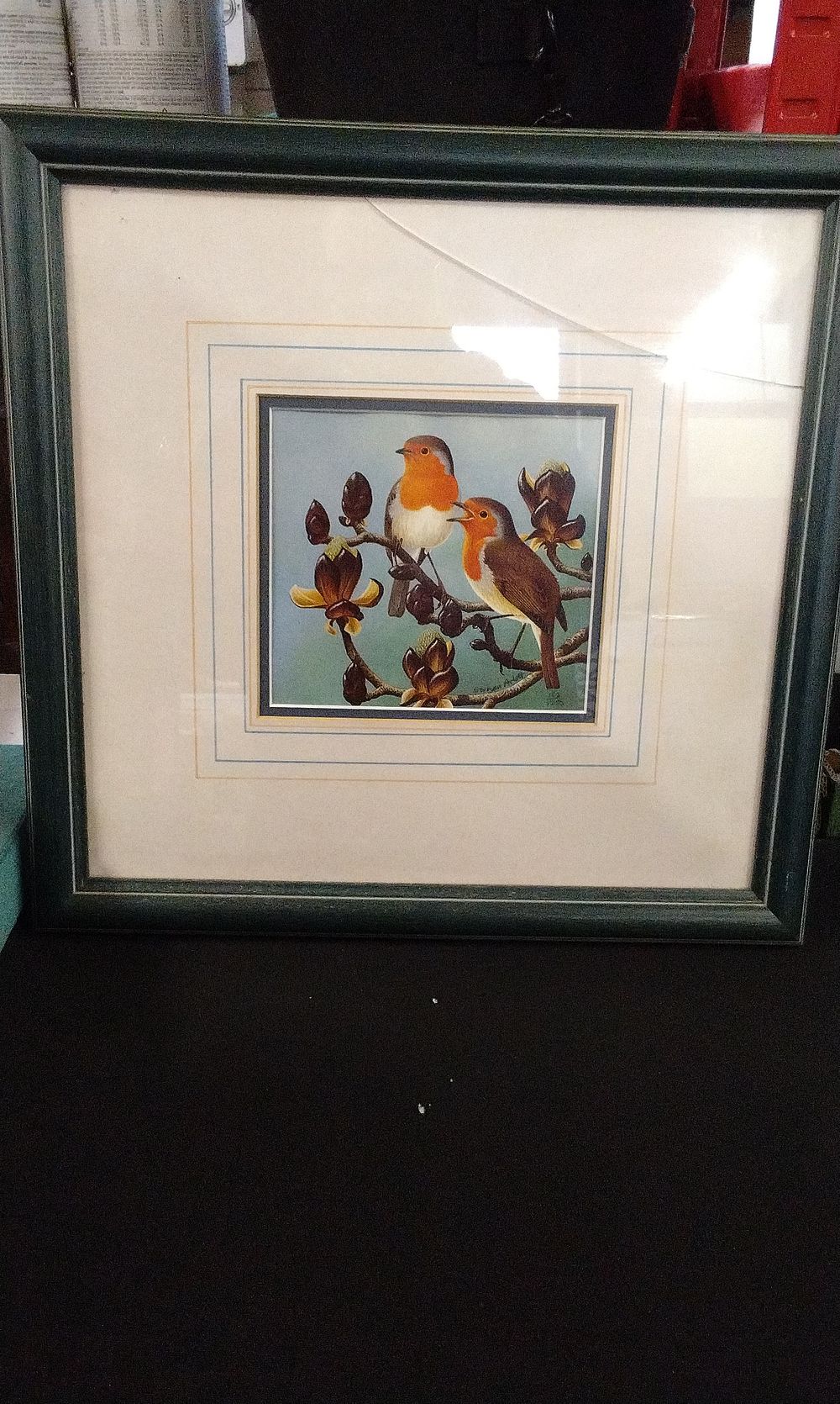 Lot 389: Framed Art Print of Two Robins on a Branch. Measures Approx 40x41 cm.