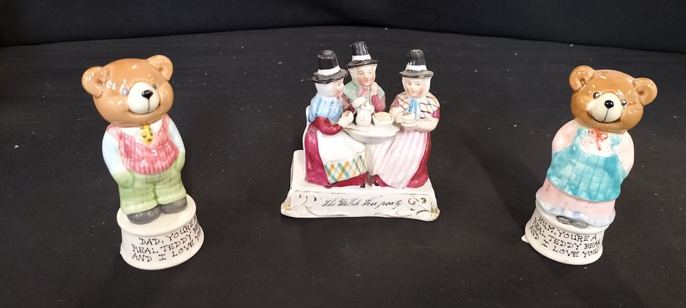 Lot 289: Three Ceramic Figurines including Victorian Welsh Tea Party Fairing