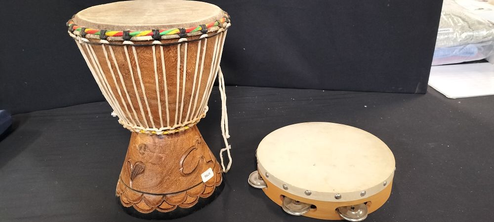 Lot 293: Two African Style Djembe Drum and Tambourine
