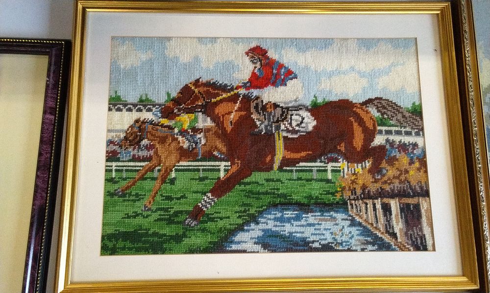 Lot 154: Framed Needlepoint Artwork of Horse Race