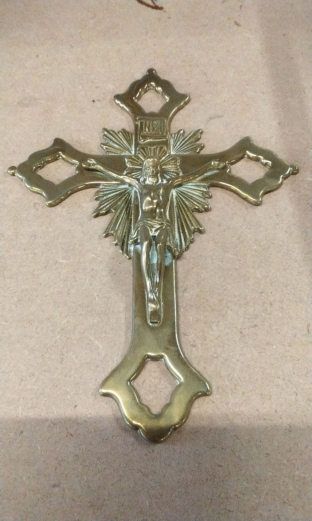 Lot 171: A Vintage Brass Crucifix Wall Hanging with INRI