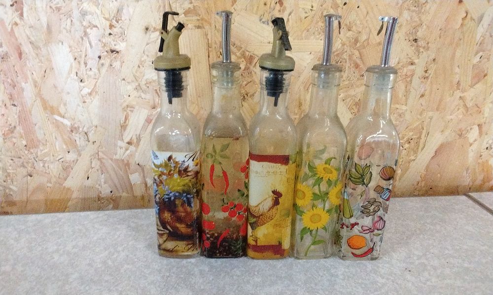 Lot 225: Five Glass Oil and Vinegar Dispenser Bottles with Decals
