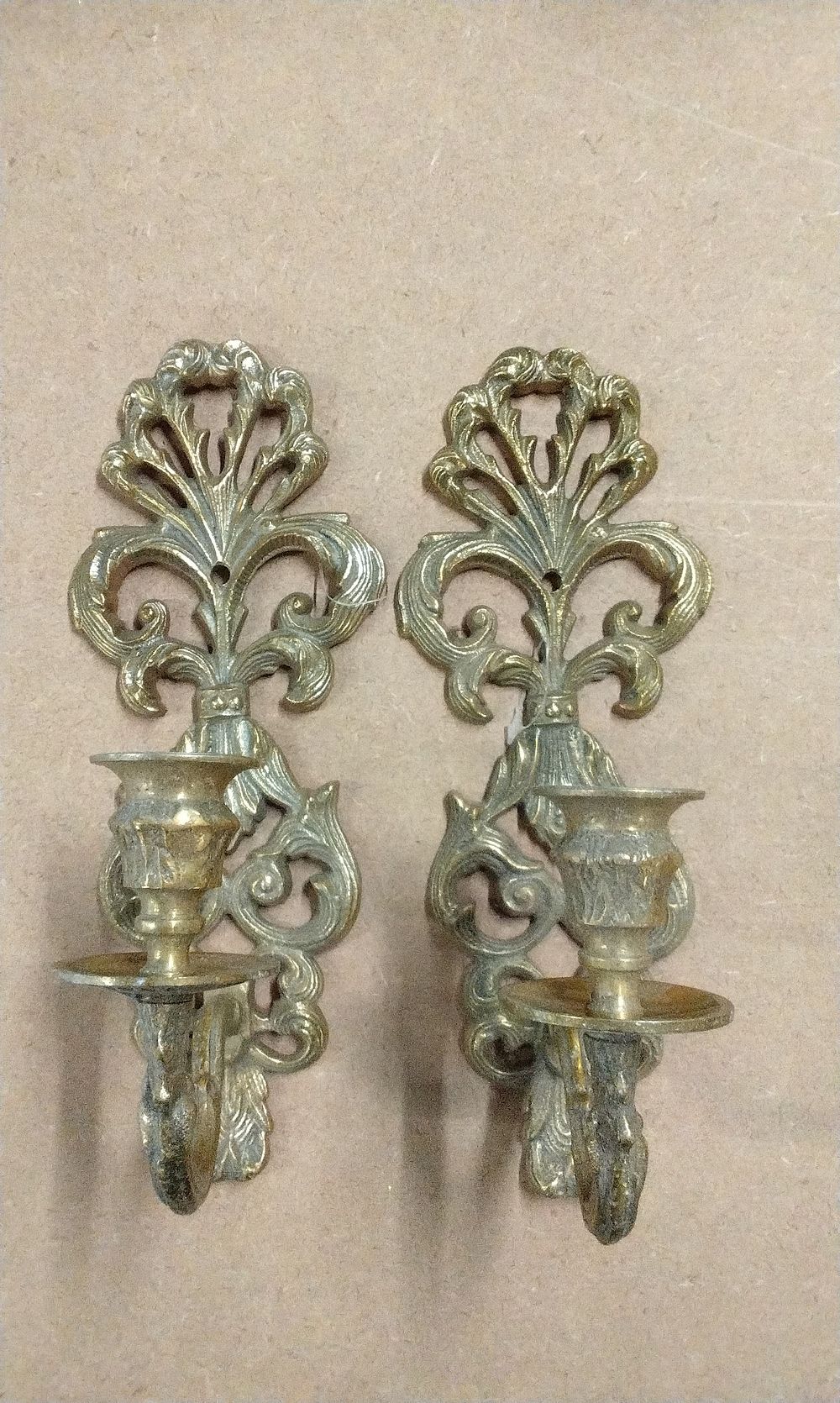 Lot 240: A Pair of Ornate Brass-Colored Wall Sconce Candlestick Holders