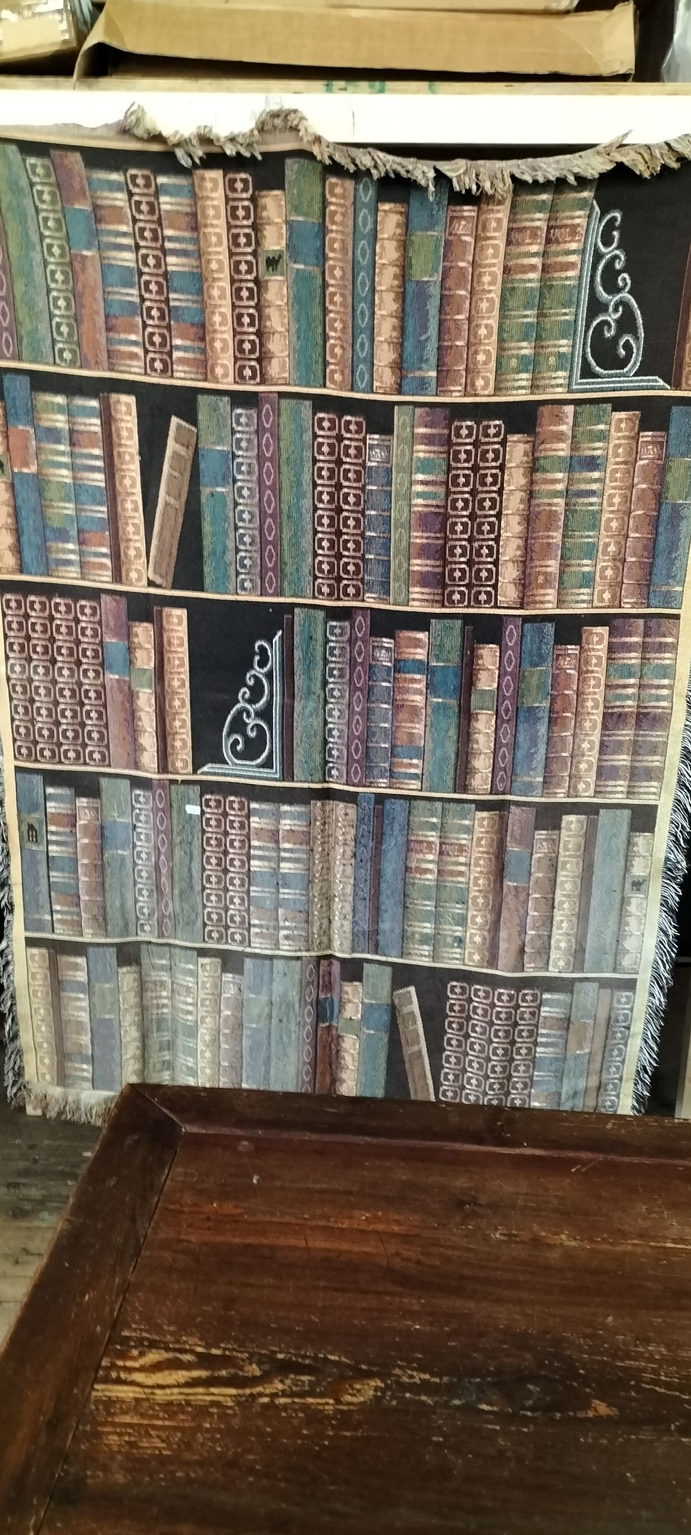 Lot 275: Woven Bookshelf Tapestry Blanket with Fringed Edges