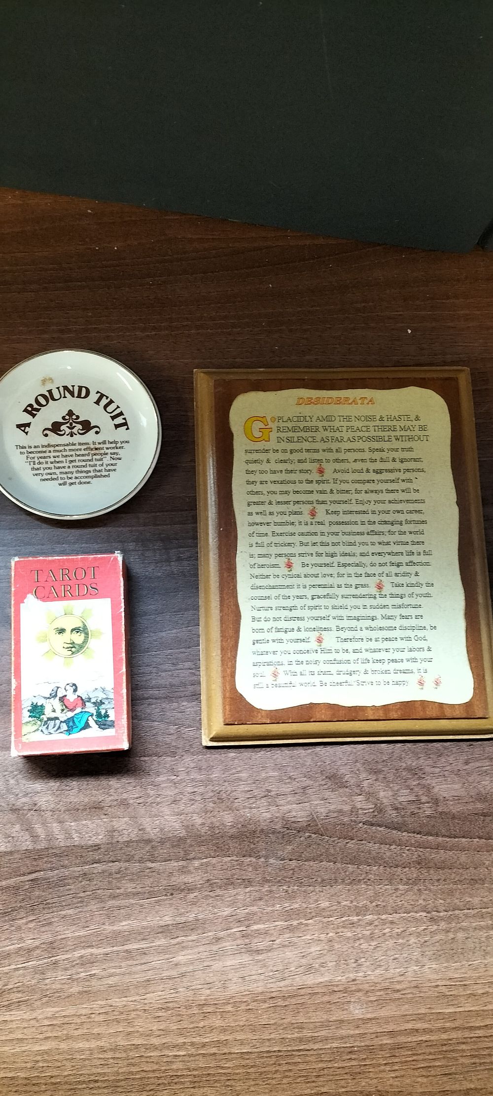 Lot 280: A Group of 3 Collectibles including Desiderata Plaque and Tarot Cards