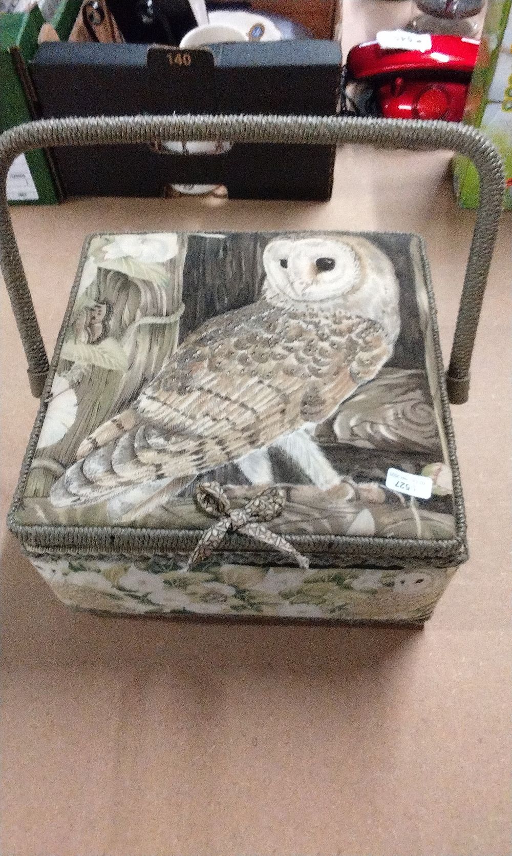 Lot 282: Rectangular Sewing Box with Barn Owl and Notions