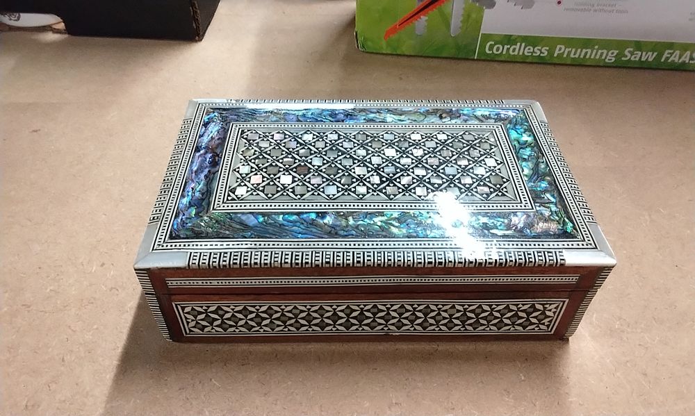 Lot 291: Handmade Wooden Jewelry Box with Mother-of-Pearl and Abalone Inlay