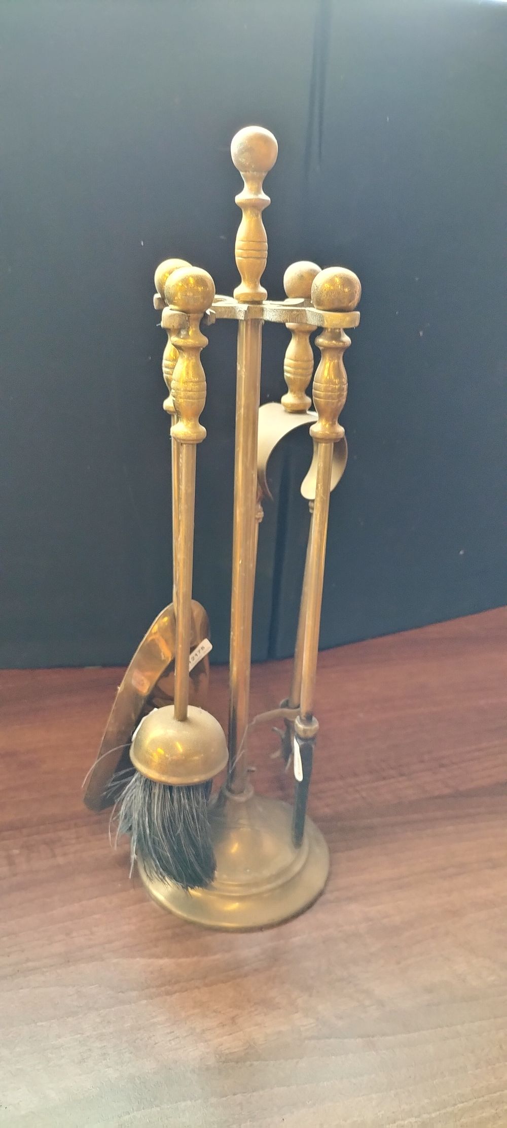 Lot 304: Brass Fireplace Tool Set with Stand and Four Tools
