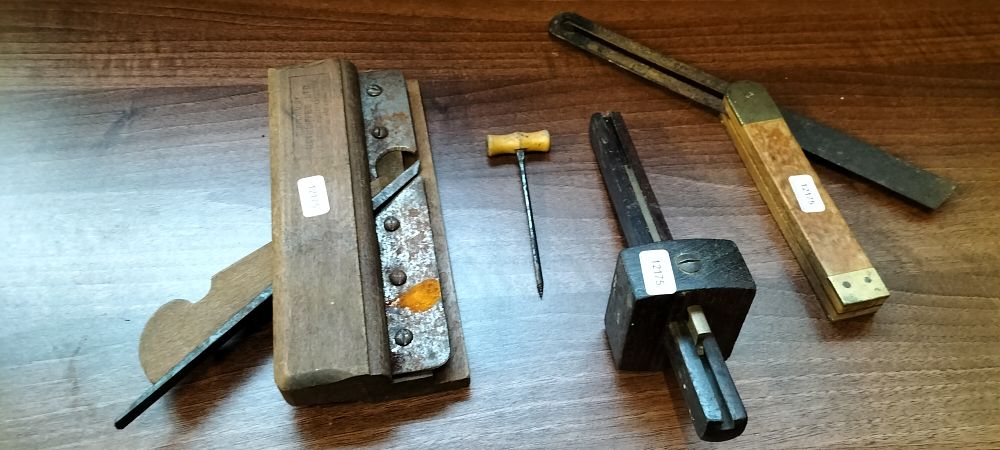 Lot 313: Four Antique Wooden Woodworking Tools including Plane
