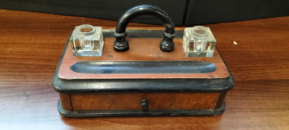 Lot 314: 19th Century Wood Desk Inkwell Stand with Two Glass Inkwells