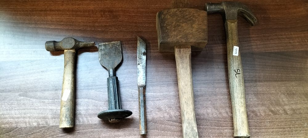 Lot 328: Five Metal and Wood Masonry Tools