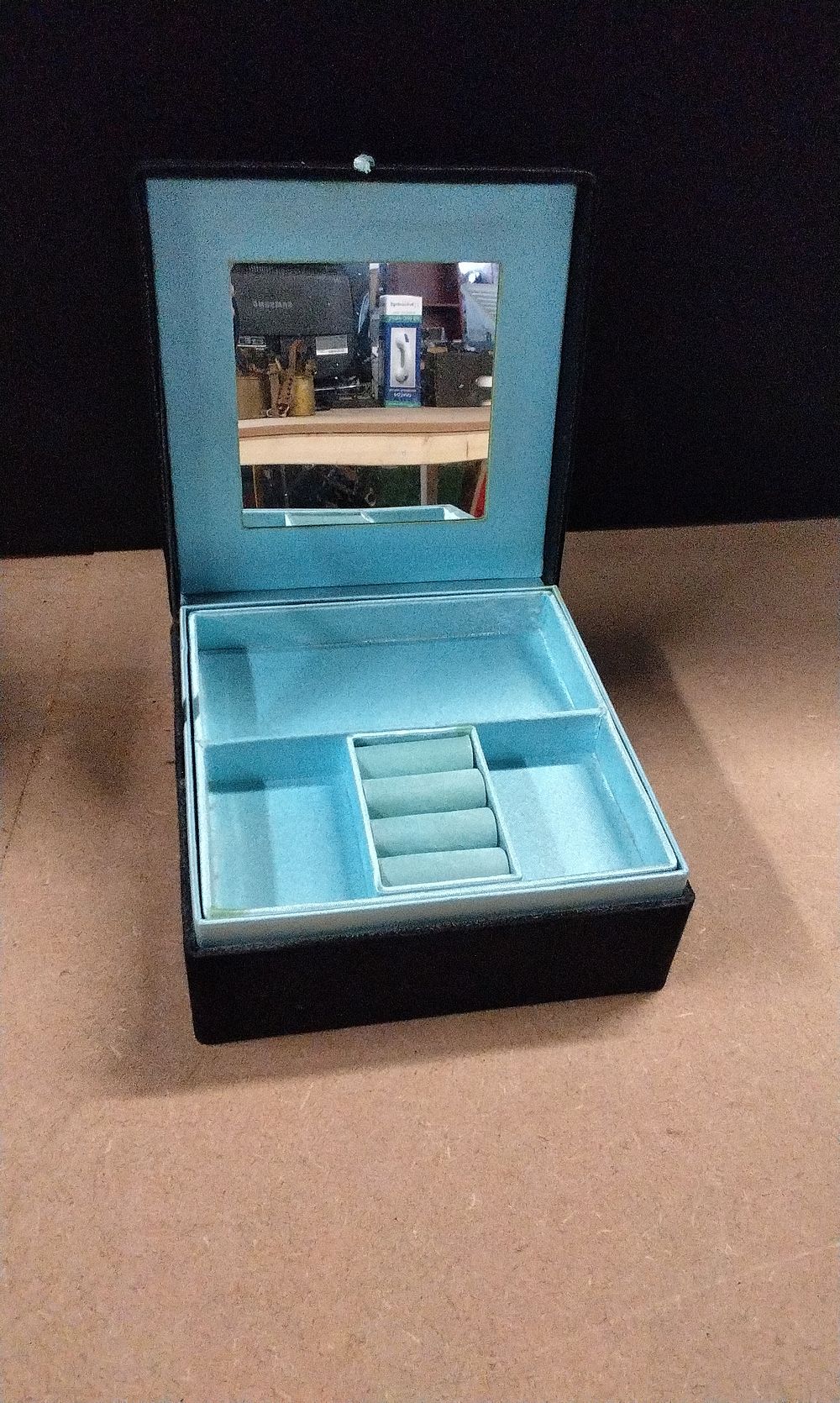 Lot 364: A Modern Black Flocked Jewelry Box with Aqua Interior