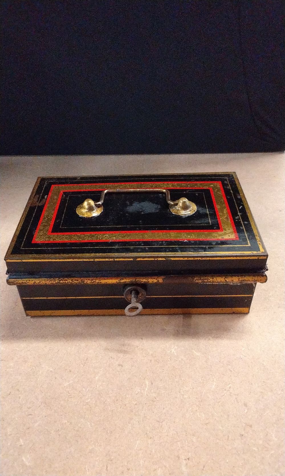 Lot 371: 19th Century English Metal Cash Box with Tray, Black, Red and Gold