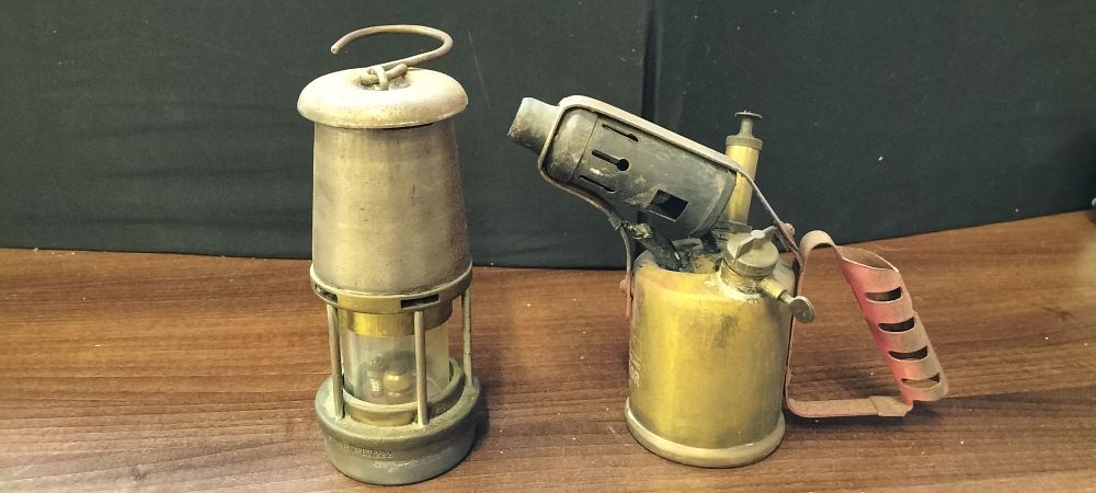 Lot 459: Two Vintage Brass Miner's Lamp and Blow Lamp